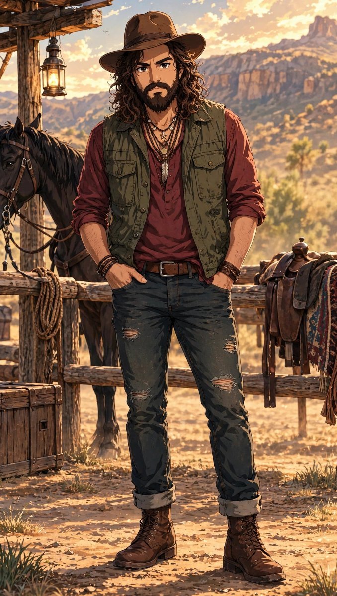 Anime style cow boy standing in barn style Diinesh Patel AI Prompt Visual