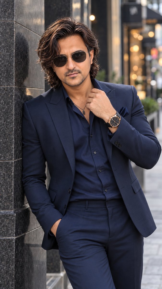 Navy Blue Suit Aviator Sunglasses Long Hair - Urban Luxury Street Lean Pose. Diinesh Patel AI Prompt Visual