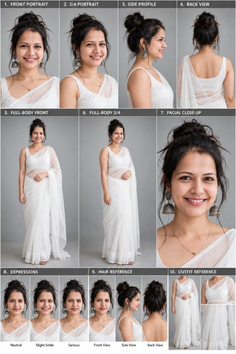 Multi-Angle Character Reference Sheet - Sanjanaa Arole AI Prompt Visual