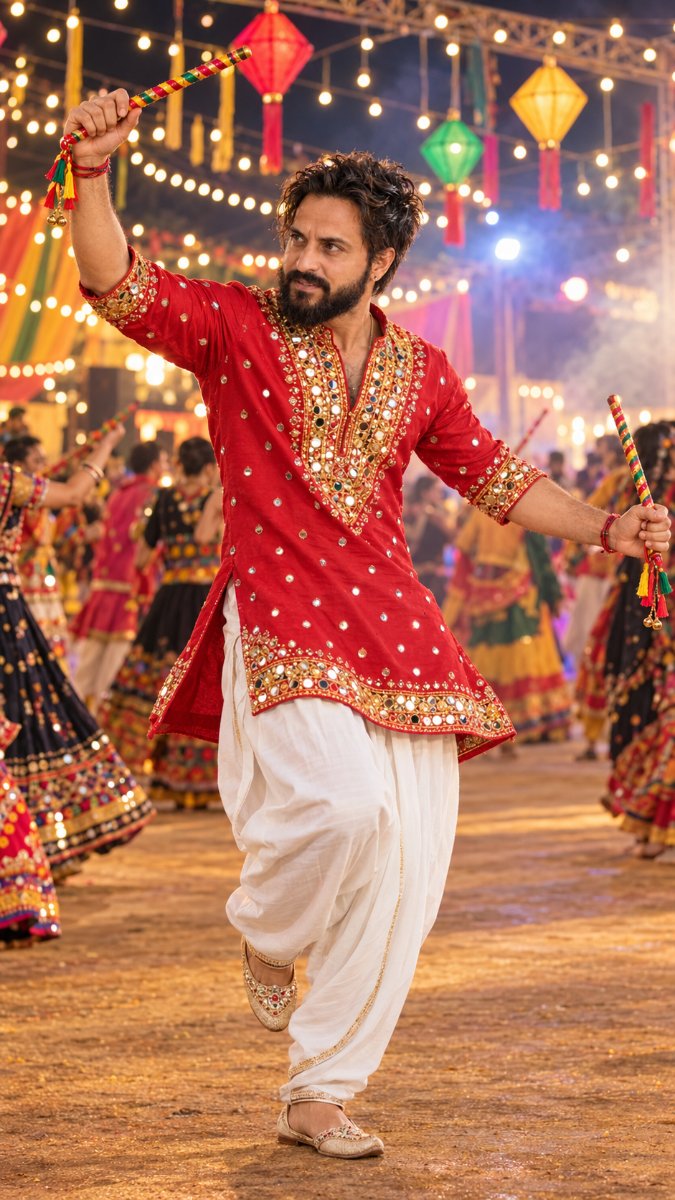 Diinesh Patel Garba Night - Red Mirror Dhoti AI Prompt Visual