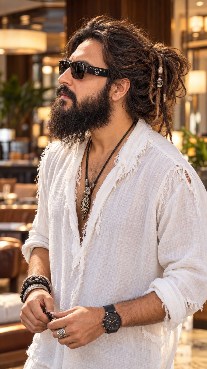 Messy Dread Bun White Frayed Kurta - Diinesh Patel AI Prompt Visual