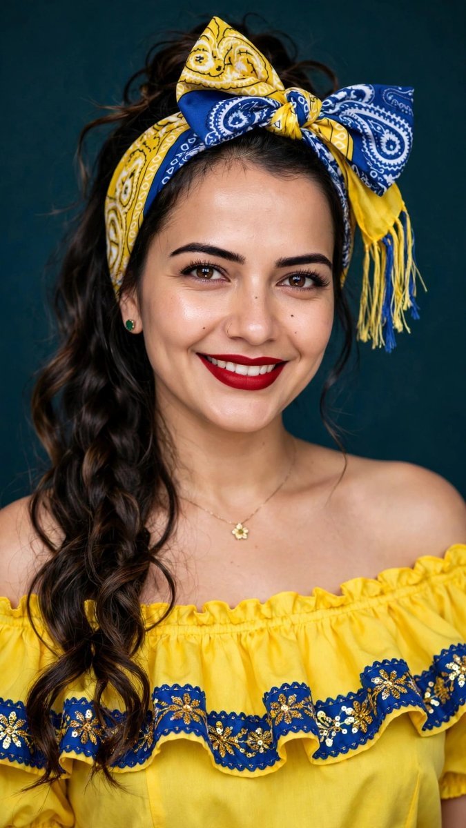 Blue & Yellow Bandana Beauty — Sanjanaa Arole AI Prompt Visual