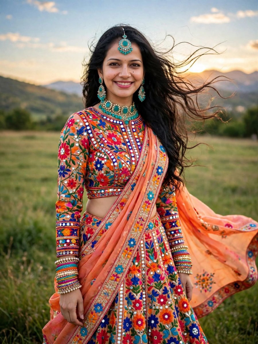 Sanjanaa Arole Navratri Multicolor Heavy Floral Embroidered Lehenga - Rainbow Mirror Work Outdoor Windy Look AI Prompt Visual