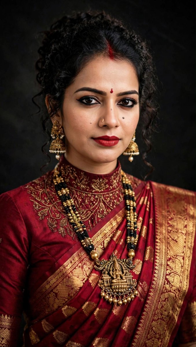 Sanjanaa Arole Red Bridal Saree Temple Jewelry Look - Sindoor Bindi Gold Jhumka Mangalsutra AI Prompt Visual