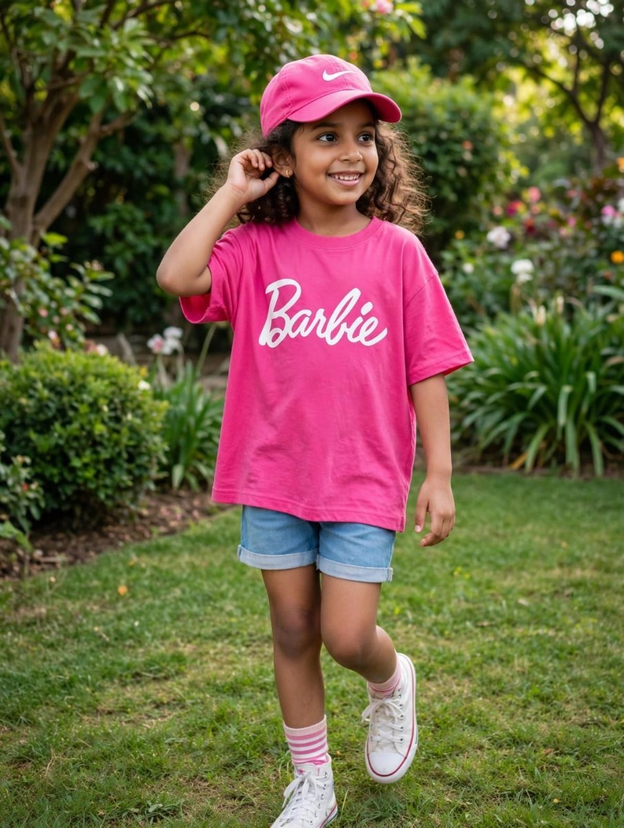 Pink Barbie T-Shirt Girl With Cap Walking In Green Garden - Kids Summer Style. Sanjanaa Arole AI Prompt Visual
