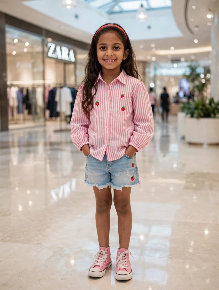 Pink Stripe Strawberry 7 year Girl Standing In ZARA Mall - Sanjanaa Arole AI Prompt Visual
