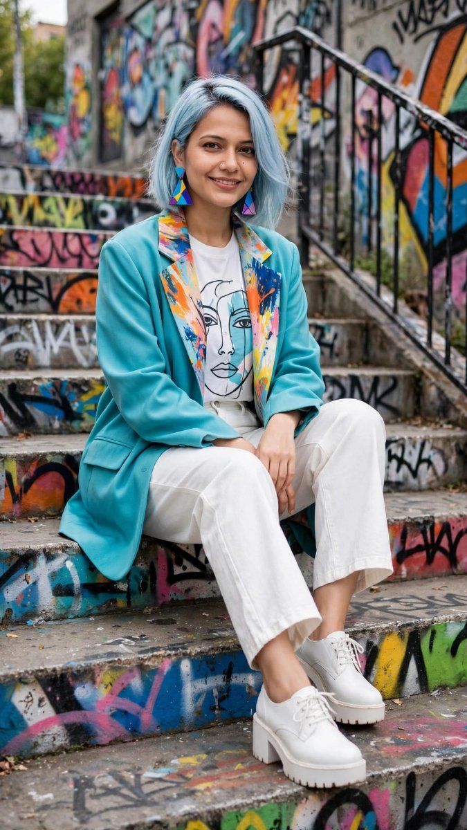 Pastel Blue Hair Graffiti Stairs - Sanjanaa Arole AI Prompt Visual