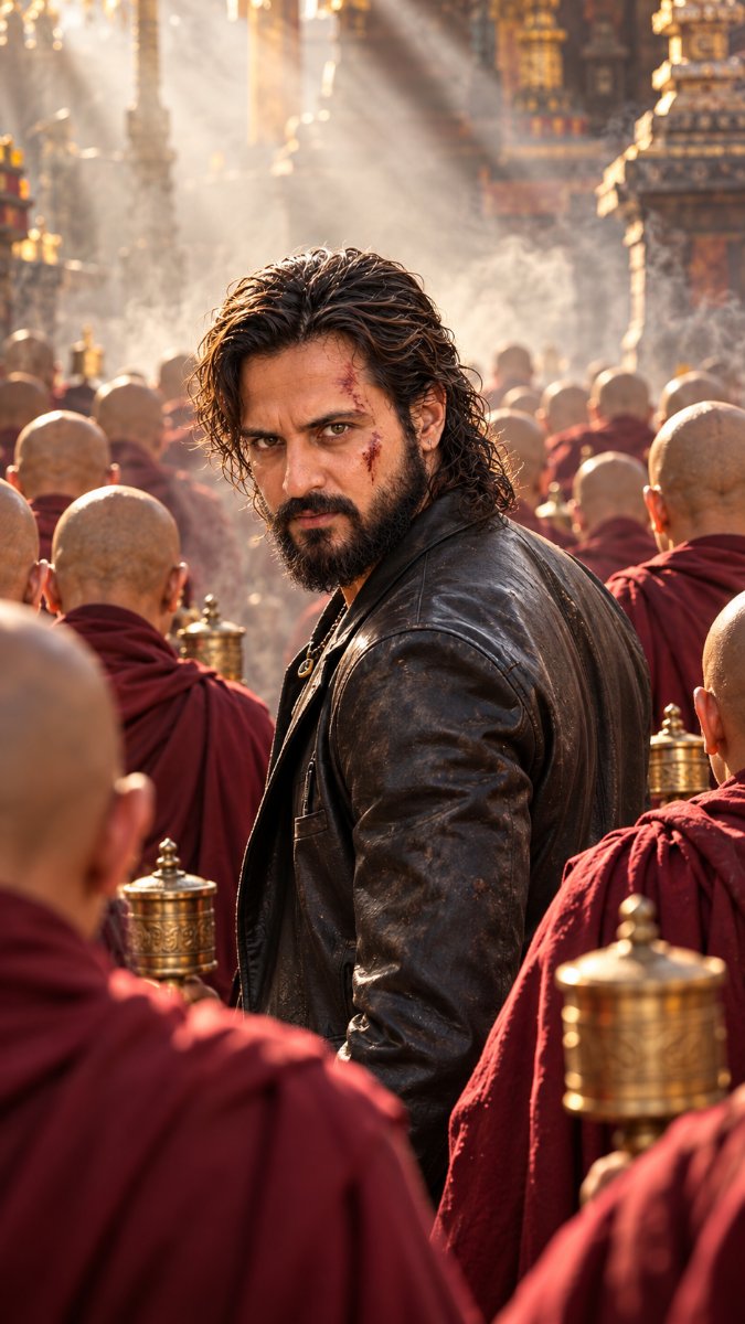 Monk Crowd Black Leather Blazer Intense Stare - Scarred Face Cinematic Mass. Diinesh Patel AI Prompt Visual