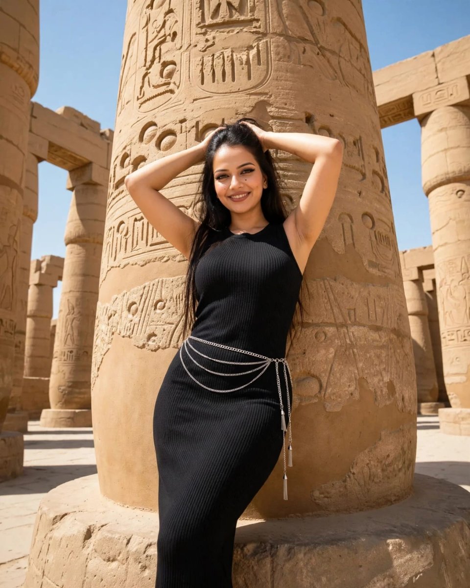 Sanjanaa Arole Karnak Temple Black Dress Look - Black Sleeveless Ribbed Bodycon Midi Dress with Silver Layered Chain Belt at Egypt Pillar AI Prompt Visual
