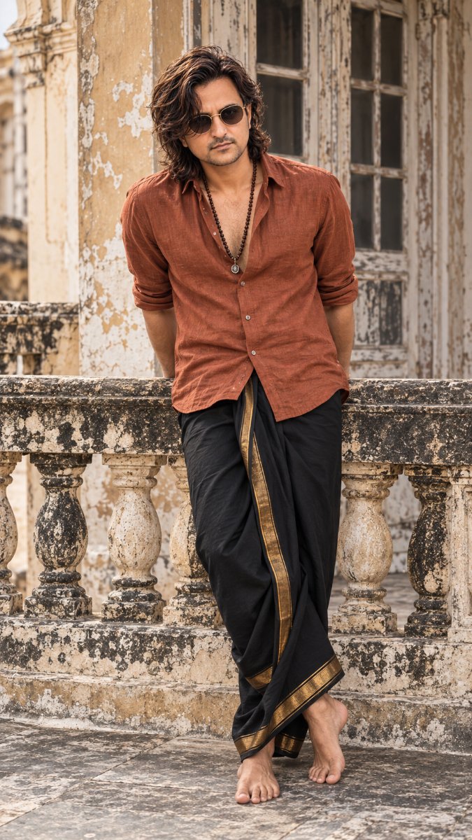 Rust Linen Shirt Black Gold Dhoti Barefoot Long Hair - Vintage Palace Boho Royal Look. Diinesh Patel AI Prompt Visual