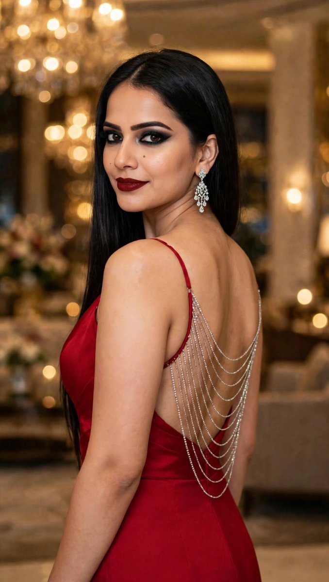 Sanjanaa Arole Red Backless Evening Gown Silver Chain Detail - Diamond Chandelier Earrings Red Lips AI Prompt Visual