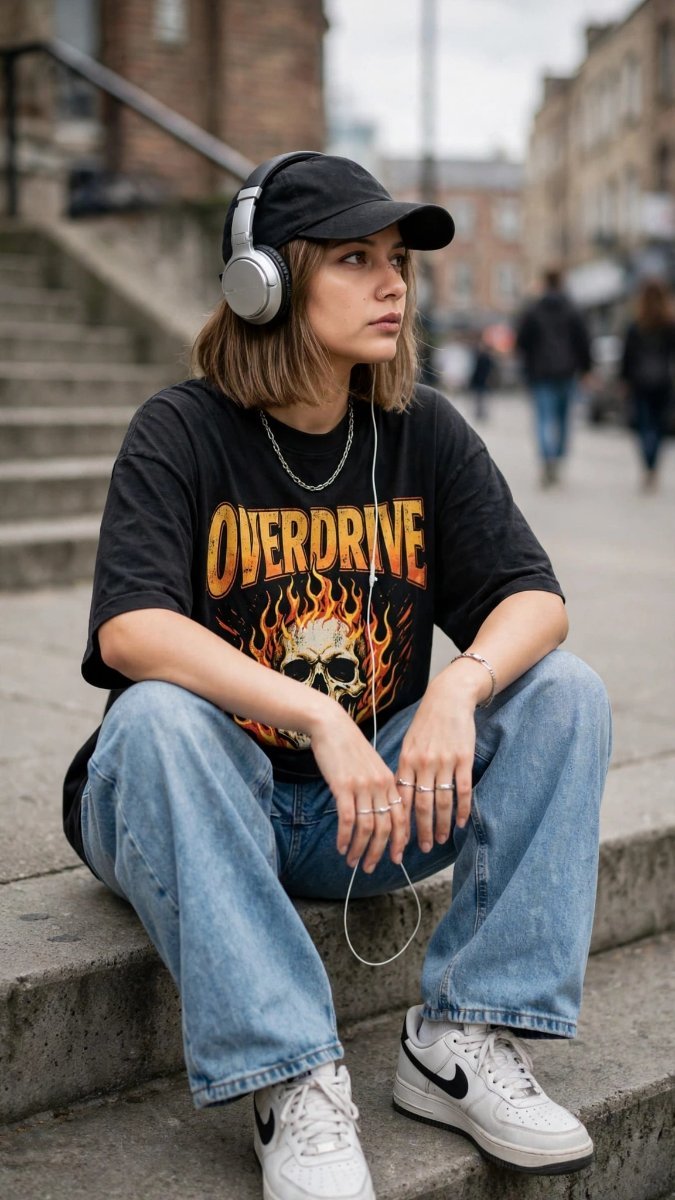 OVERDRIVE Skull Flames Oversized Tee - Urban Street Style Sanjanaa Arole With Headphones On Stairs AI Prompt Visual
