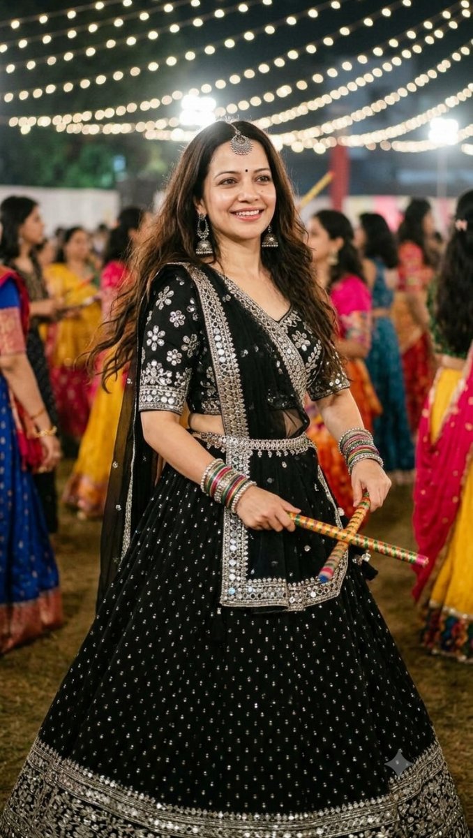 Sanjanaa Arole Navratri Black Mirror Lehenga Look - Silver Embroidery Dandiya with Fairy Lights AI Prompt Visual