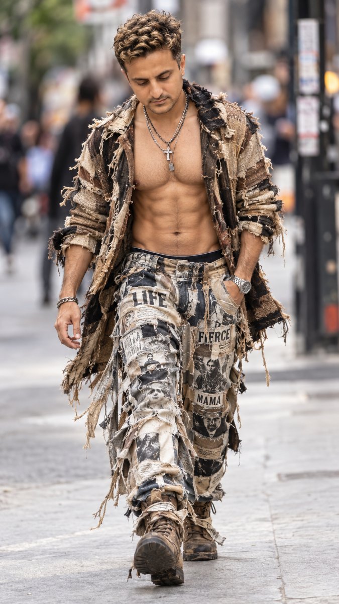 Distressed Post-Apocalyptic Patchwork - Newspaper Pants Wasteland Walk. Diinesh Patel AI Prompt Visual