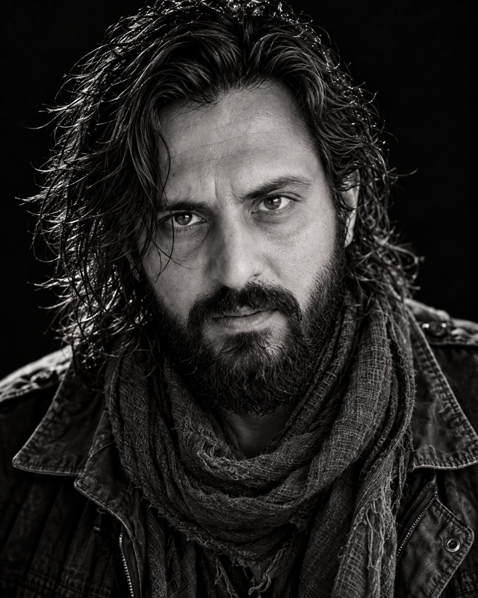 Diinesh Patel Rugged Soul - Messy Hair Scarf Intense BW Art AI Prompt Visual
