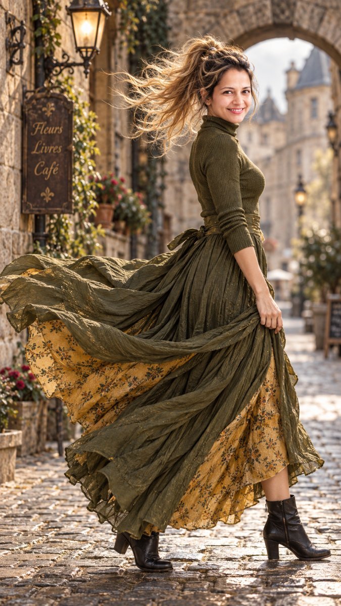 Olive Green Cottagecore Twirl Dress -  Sanjanaa Arole AI Prompt Visual