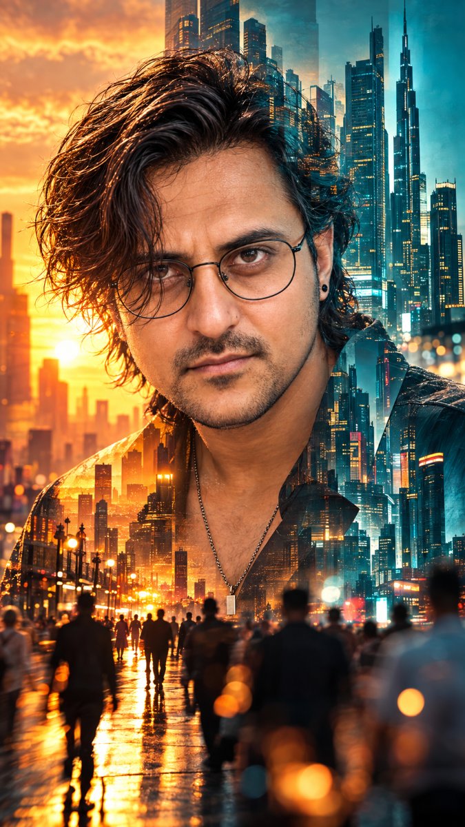 Cyber City Sunset Double Exposure Hustle - Round Glasses Chain Street Crowd. Diinesh Patel AI Prompt Visual