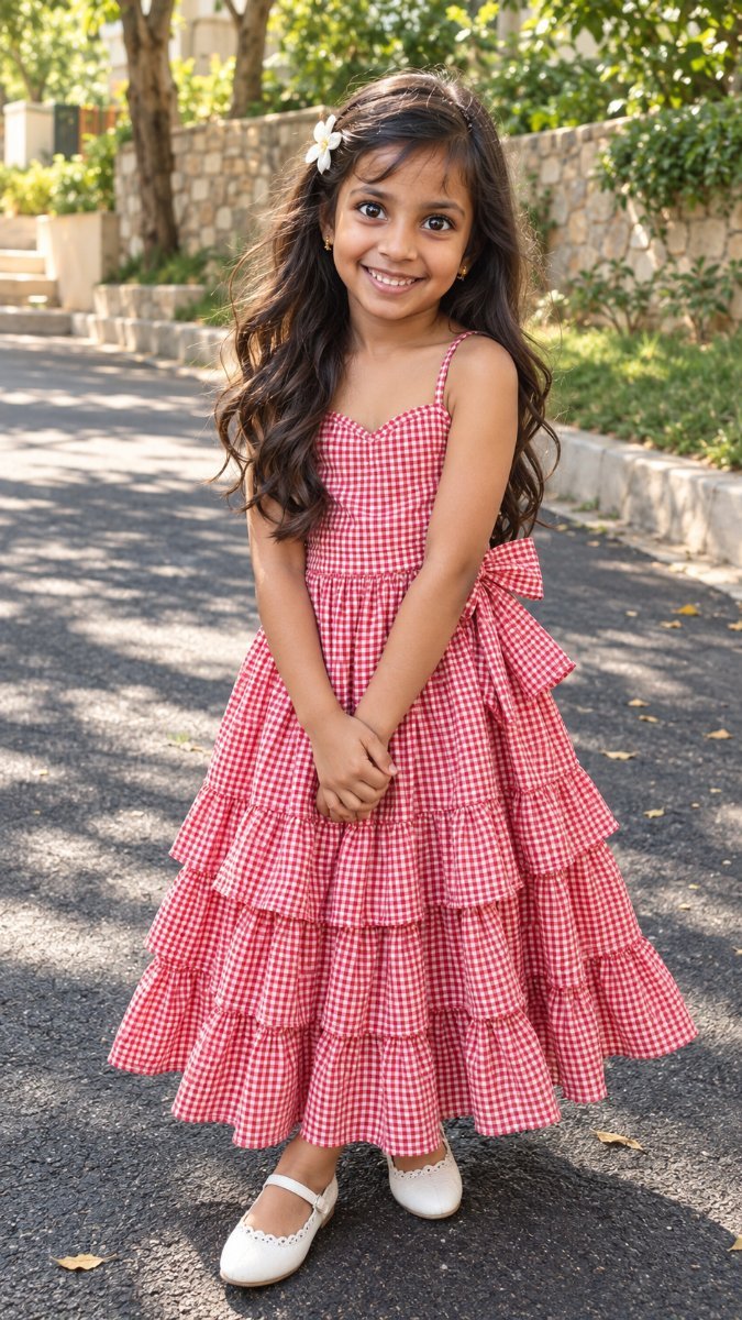 Red White Gingham Check Bow Tiered Maxi Dress Girl - Indian Princess Summer Style Sanjanaa Arole AI Prompt Visual