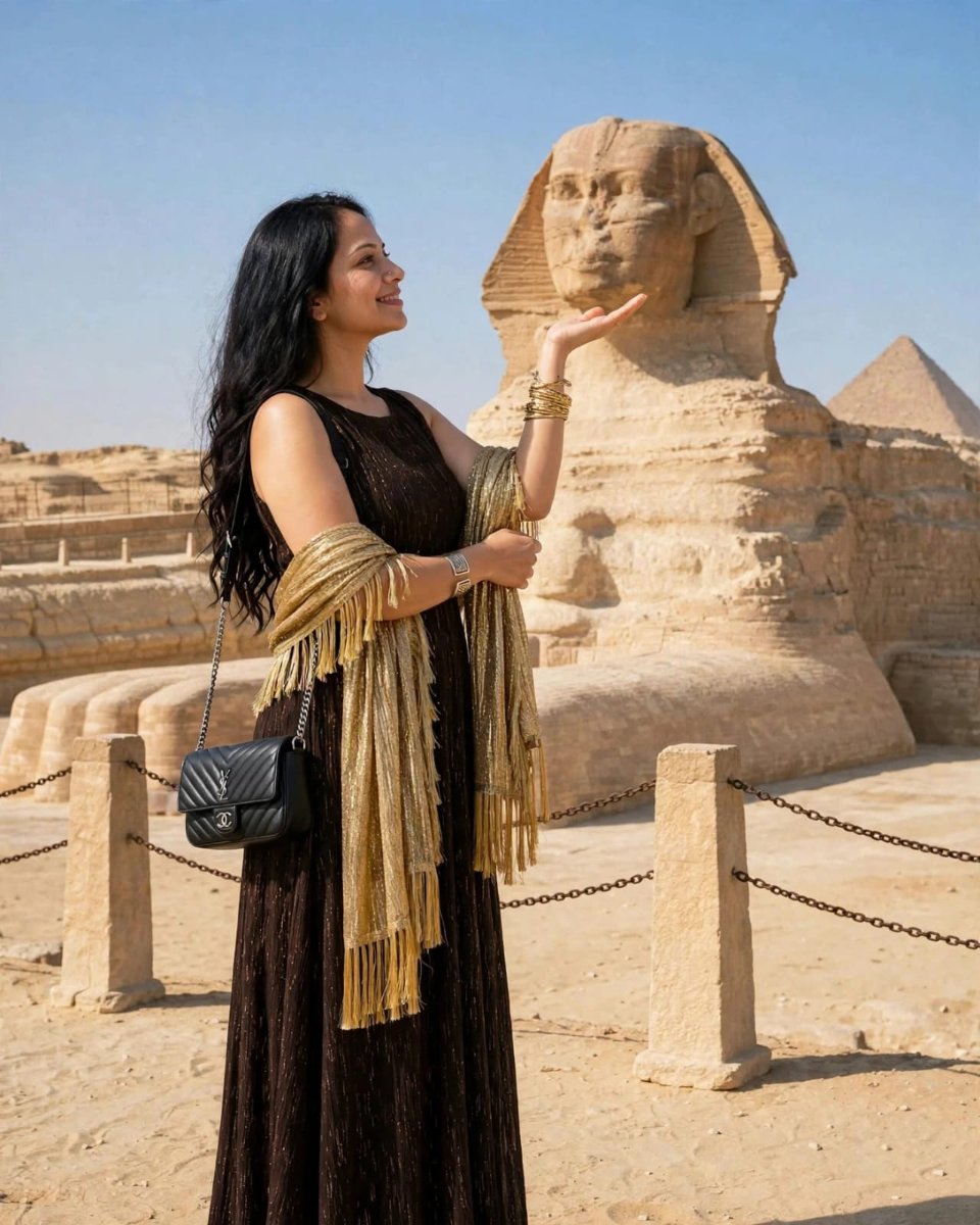 Sanjanaa Arole Egypt Sphinx Look - Black Sleeveless Glitter Long Dress with Gold Fringe Stole at Great Sphinx of Giza AI Prompt Visual