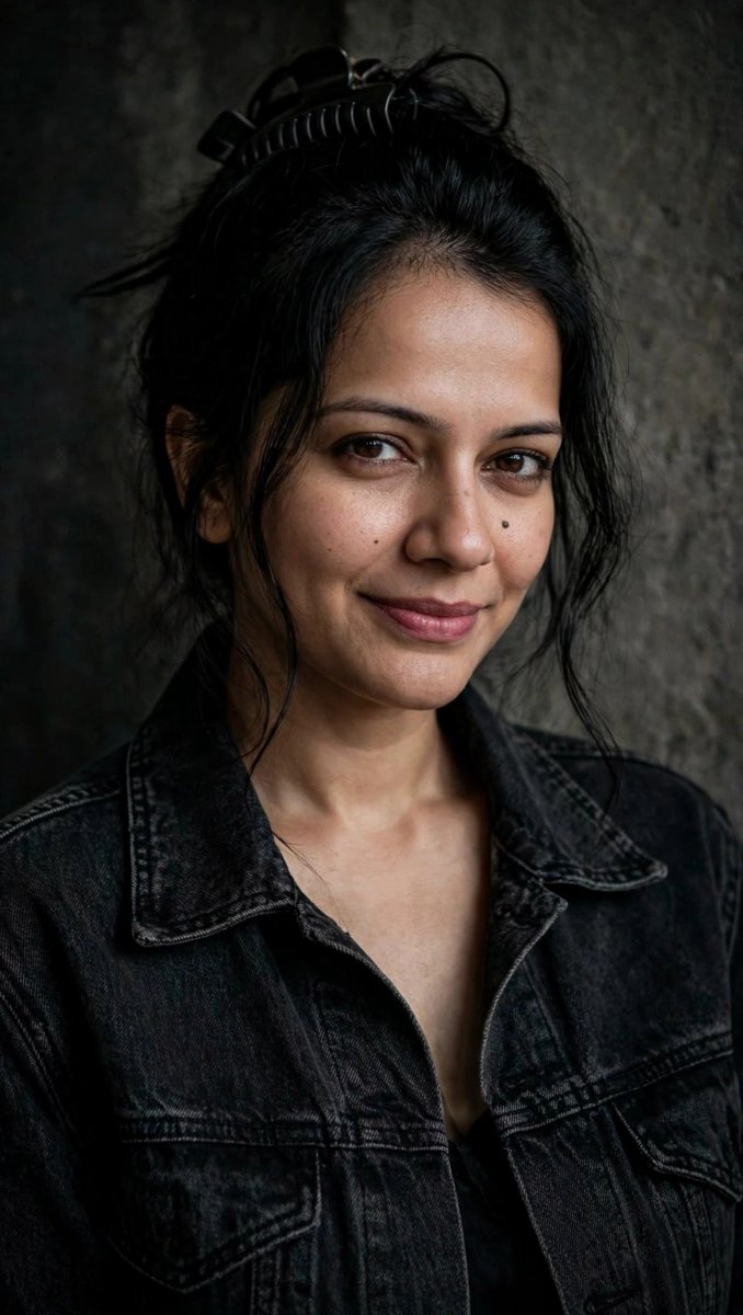 Sanjanaa Arole Black Washed Denim Jacket - Messy Bun Claw Clip - Moist Texture Skin Mole Dark Grunge Wall AI Prompt Visual