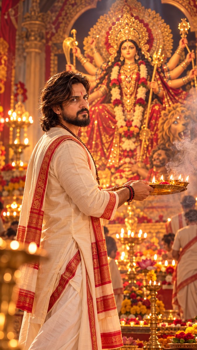 Diinesh Patel in Navratri Maa Aarti - Bengali Dhoti Angavastram AI Prompt Visual