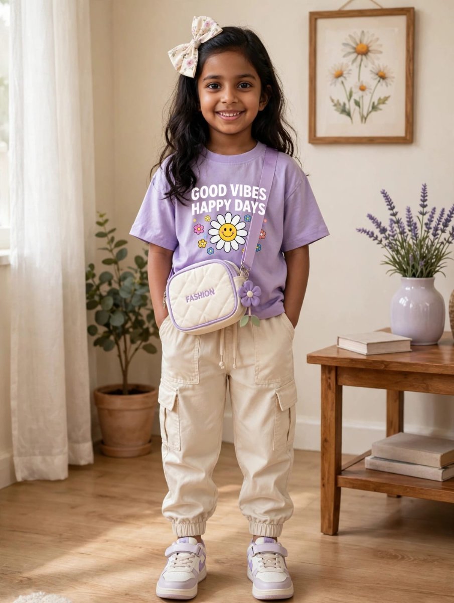 Lavender Good Vibes Happy Days T-Shirt 7 year Girl With Flower Bow . Sanjanaa Arole AI Prompt Visual